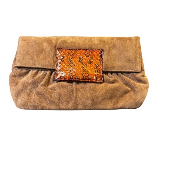 Vintage Ruth Saltz Suede Clutch – Brown with Snakeskin Accent – 1970s/80s - Picture 1 of 5